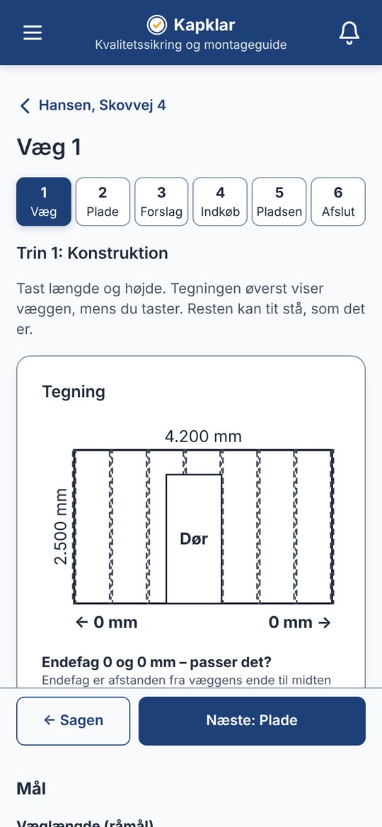 Kapklar: indtastning af væglængde, højde og døre