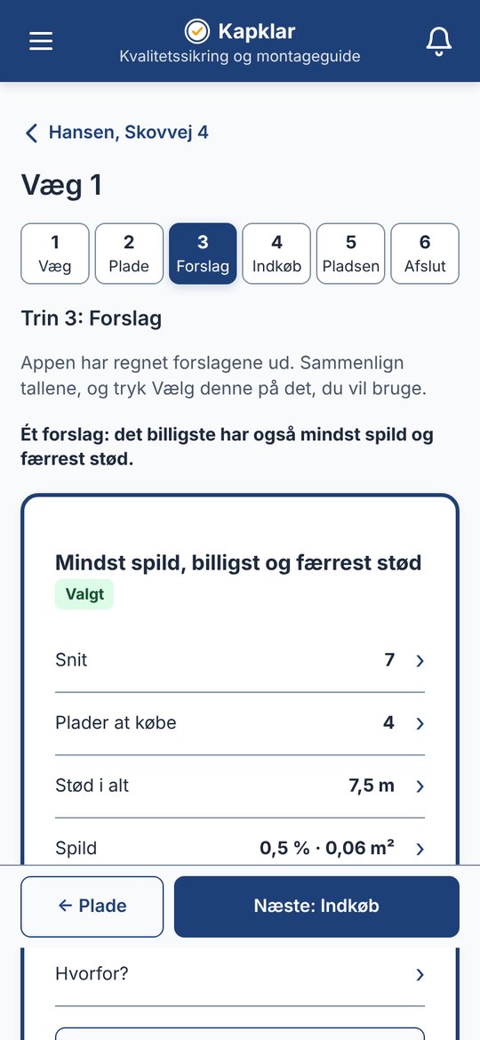 Kapklar: forslag med snit, plader og spild