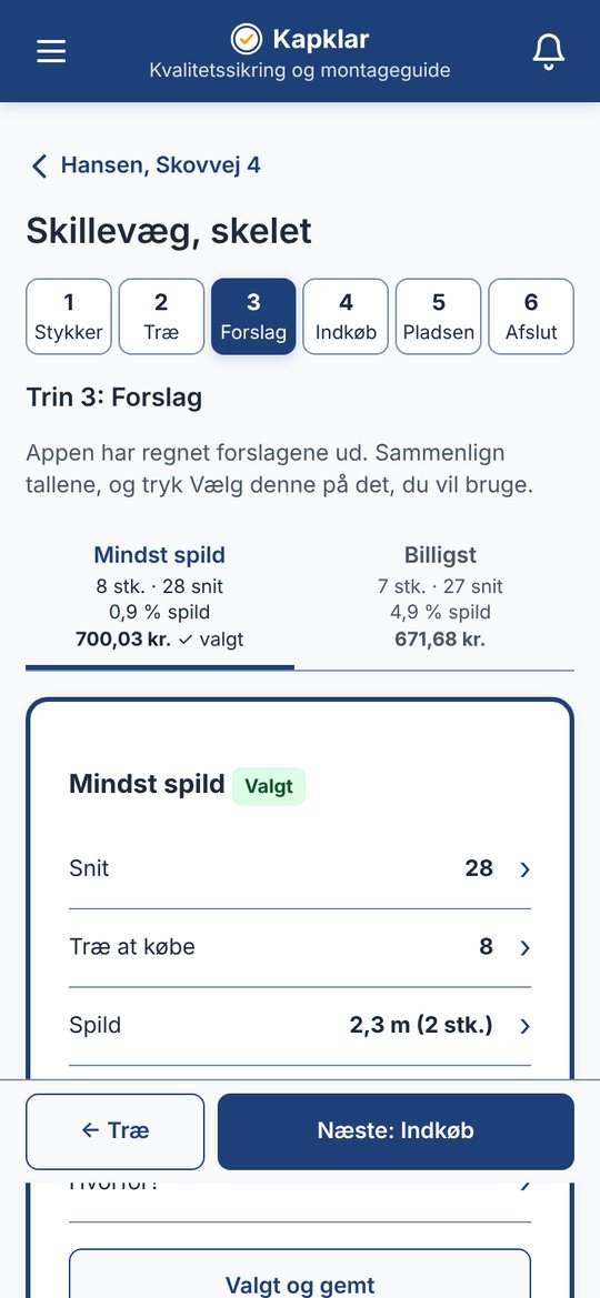 Kapklar: to forslag, mindst spild og billigst